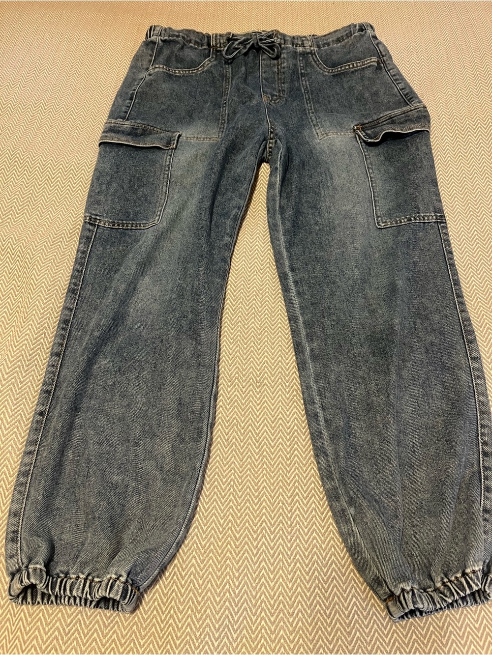 No Boundaries Drawstring Cargo Jeans - Dark Blue. Elastic Waist. Size 12-14.